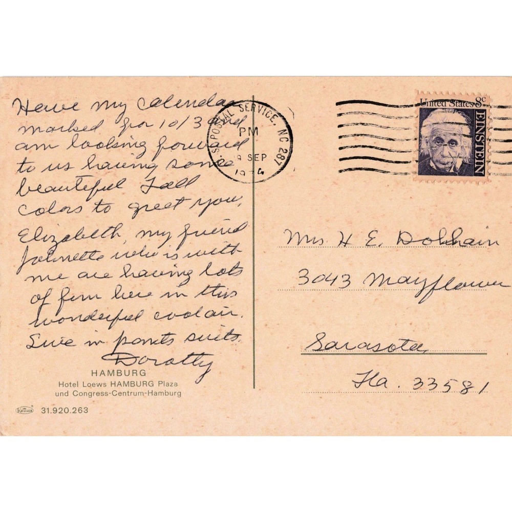 Vintage 1974 Hotel Loews Hamburg Plaza Germany Postcard Einstein Stamp VG- - Picture 2 of 2